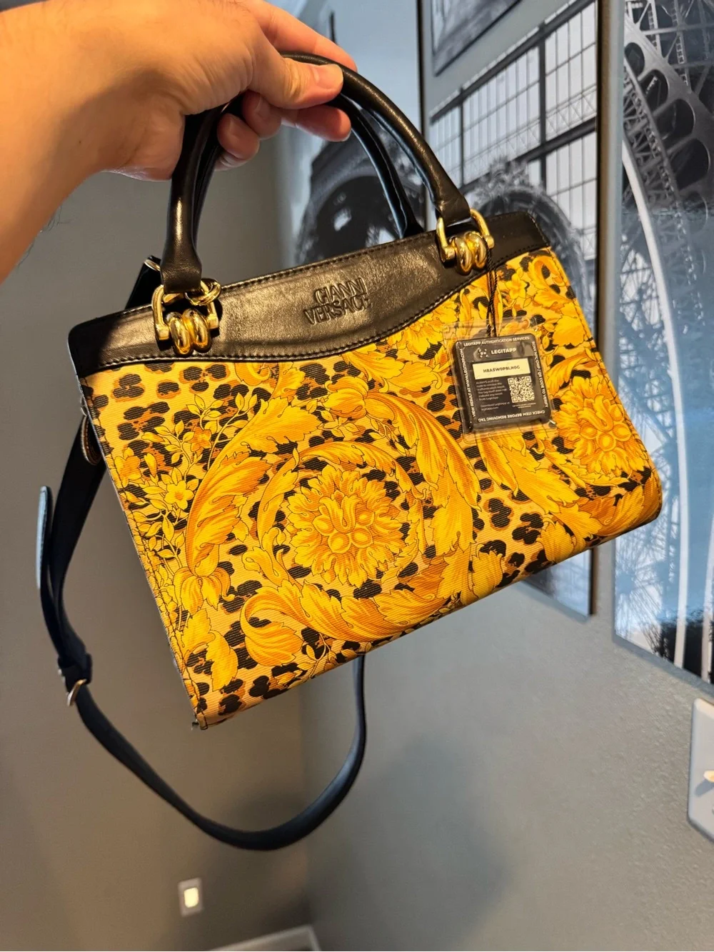 Versace Yellow Baroque & Leopard Print Satchel with Black Handle